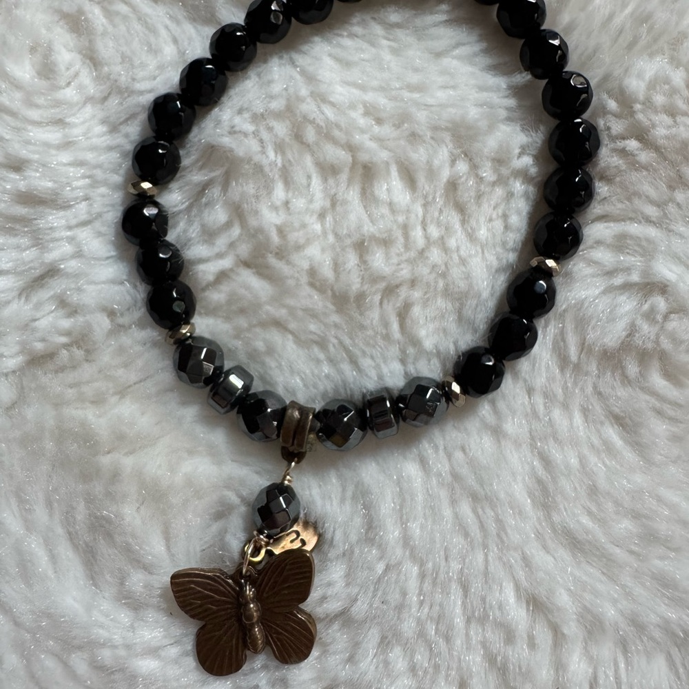 Black Beaded Bracelet with Butterfly Charm new made in mexico